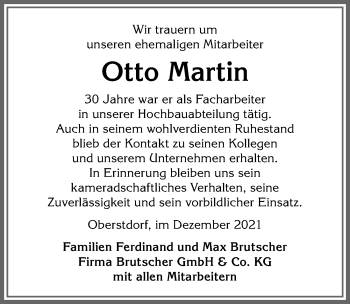 Traueranzeige von Otto Martin von Allgäuer Anzeigeblatt