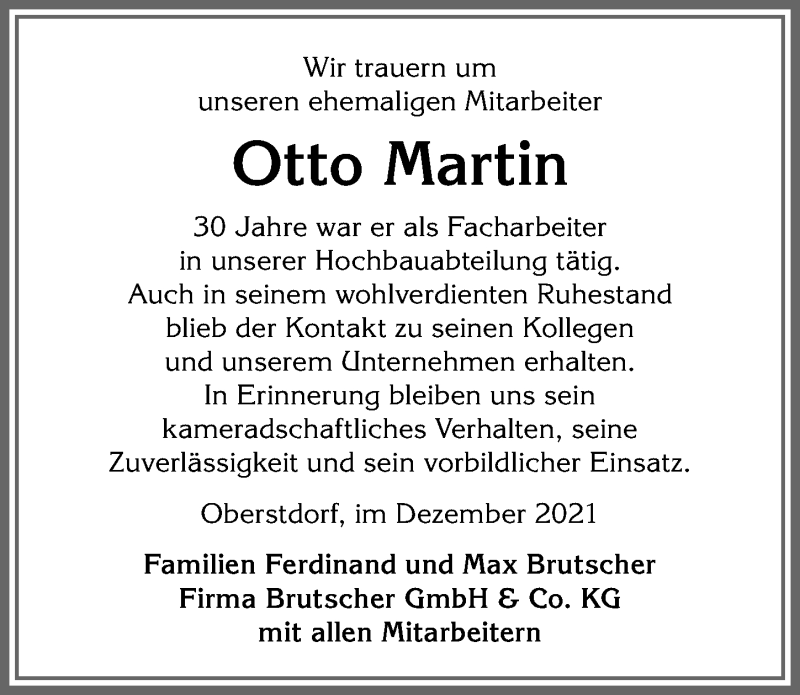  Traueranzeige für Otto Martin vom 30.12.2021 aus Allgäuer Anzeigeblatt