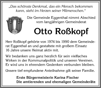 Traueranzeige von Otto Roßkopf von Allgäuer Zeitung, Kaufbeuren/Buchloe