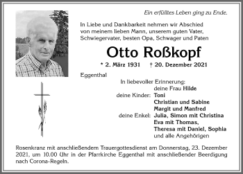 Traueranzeige von Otto Roßkopf von Allgäuer Zeitung, Kaufbeuren/Buchloe