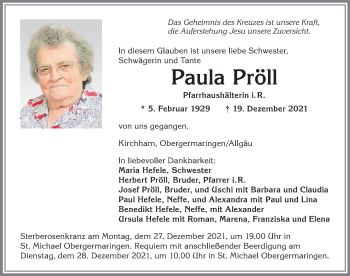Traueranzeige von Paula Pröll von Allgäuer Zeitung, Kaufbeuren/Buchloe