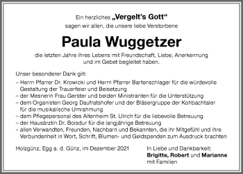 Traueranzeige von Paula Wuggetzer von Memminger Zeitung