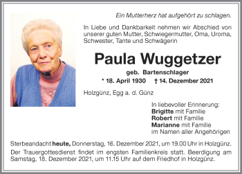 Traueranzeige von Paula Wuggetzer von Memminger Zeitung