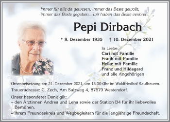 Traueranzeige von Pepi Dirbach von Allgäuer Zeitung, Kaufbeuren/Buchloe