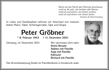 Traueranzeige von Peter Gröbner von Allgäuer Anzeigeblatt