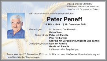 Traueranzeige von Peter Peneff von Memminger Zeitung