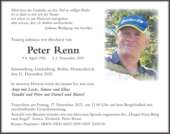 Traueranzeige von Peter Renn von Der Westallgäuer