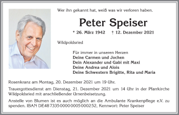 Traueranzeige von Peter Speiser von Allgäuer Zeitung,Kempten