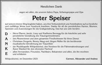 Traueranzeige von Peter Speiser von Allgäuer Zeitung,Kempten