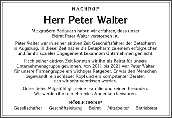 Traueranzeige von Peter Walter von Allgäuer Zeitung, Marktoberdorf