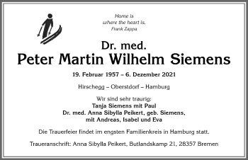 Traueranzeige von Peter Martin Wilhelm Siemens von Allgäuer Anzeigeblatt