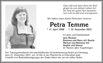 Traueranzeige von Petra Temme von Allgäuer Zeitung,Kempten
