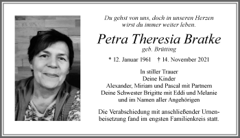 Traueranzeige von Petra Theresia Bratke von Allgäuer Zeitung, Marktoberdorf