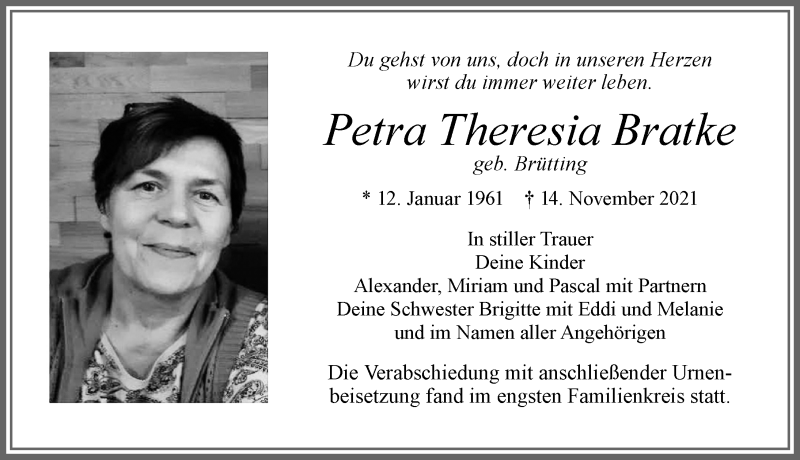 Traueranzeige für Petra Theresia Bratke vom 11.12.2021 aus Allgäuer Zeitung, Marktoberdorf