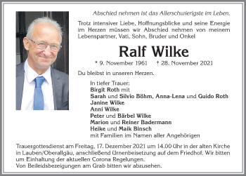 Traueranzeige von Ralf Wilke von Allgäuer Zeitung,Kempten