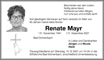 Traueranzeige von Renate Mayr von Memminger Zeitung