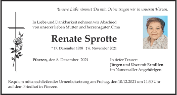 Traueranzeige von Renate Sprotte von Allgäuer Zeitung, Kaufbeuren/Buchloe