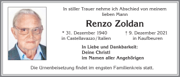 Traueranzeige von Renzo Zoldan von Allgäuer Zeitung, Kaufbeuren/Buchloe