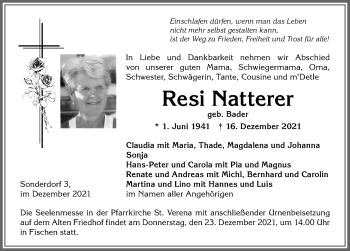 Traueranzeige von Resi Natterer von Allgäuer Anzeigeblatt