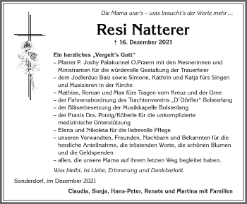 Traueranzeige von Resi Natterer von Allgäuer Anzeigeblatt