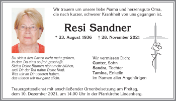 Traueranzeige von Resi Sandner von Allgäuer Zeitung, Kaufbeuren/Buchloe