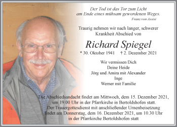 Traueranzeige von Richard Spiegel von Allgäuer Zeitung, Marktoberdorf