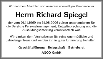 Traueranzeige von Richard Spiegel von Allgäuer Zeitung, Marktoberdorf