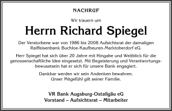 Traueranzeige von Richard Spiegel von Allgäuer Zeitung, Marktoberdorf