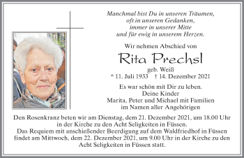 Traueranzeige von Rita Prechsl von Allgäuer Zeitung, Füssen