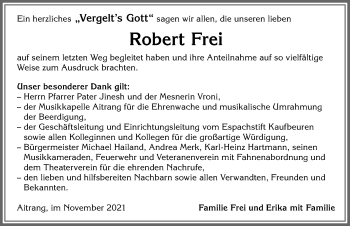 Traueranzeige von Robert Frei von Allgäuer Zeitung, Kaufbeuren/Buchloe