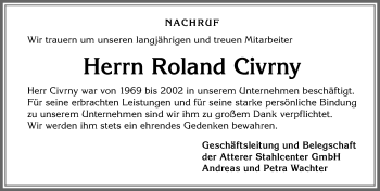 Traueranzeige von Roland Civrny von Allgäuer Zeitung, Marktoberdorf