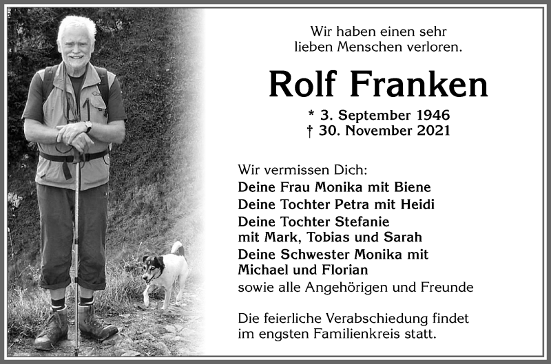  Traueranzeige für Rolf Franken vom 04.12.2021 aus Allgäuer Anzeigeblatt
