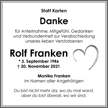 Traueranzeige von Rolf Franken von Allgäuer Zeitung,Kempten