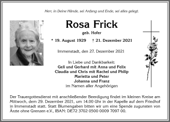 Traueranzeige von Rosa Frick von Allgäuer Anzeigeblatt