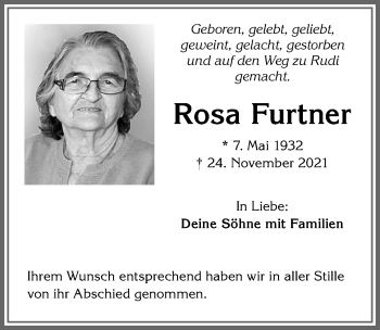 Traueranzeige von Rosa Furtner von Allgäuer Zeitung,Kempten