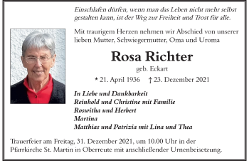 Traueranzeige von Rosa Richter von Der Westallgäuer
