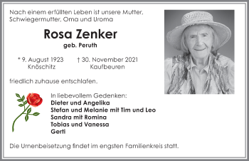 Traueranzeige von Rosa Zenker von Allgäuer Zeitung, Kaufbeuren/Buchloe