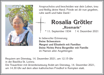 Traueranzeige von Rosalia Grötler von Allgäuer Zeitung,Kempten