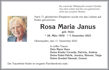 Traueranzeige von Rosa Maria Janus von Allgäuer Anzeigeblatt