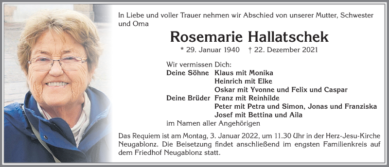  Traueranzeige für Rosemarie Hallatschek vom 31.12.2021 aus Allgäuer Zeitung, Kaufbeuren/Buchloe