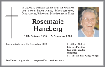 Traueranzeige von Rosemarie Haneberg von Allgäuer Anzeigeblatt
