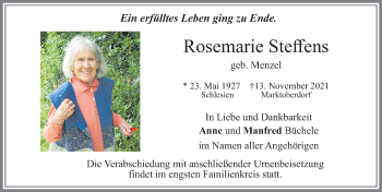 Traueranzeige von Rosemarie Steffens von Allgäuer Zeitung, Marktoberdorf