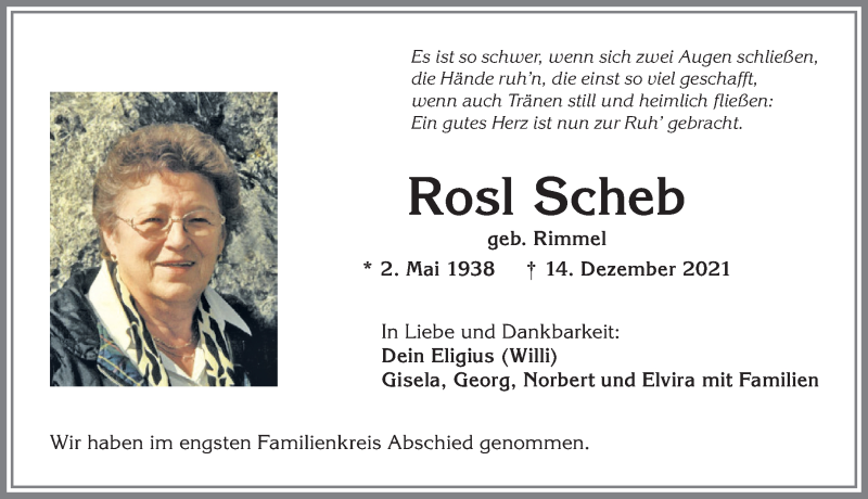  Traueranzeige für Rosl Scheb vom 30.12.2021 aus Allgäuer Anzeigeblatt