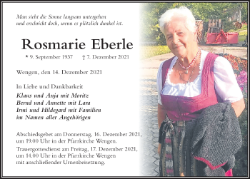 Traueranzeige von Rosmarie Eberle von Allgäuer Zeitung,Kempten