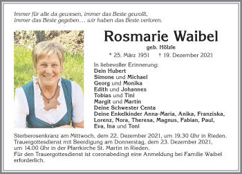 Traueranzeige von Rosmarie Waibel von Allgäuer Zeitung, Kaufbeuren/Buchloe