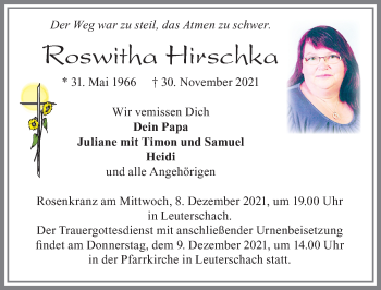 Traueranzeige von Roswitha Hirschka von Allgäuer Zeitung, Marktoberdorf