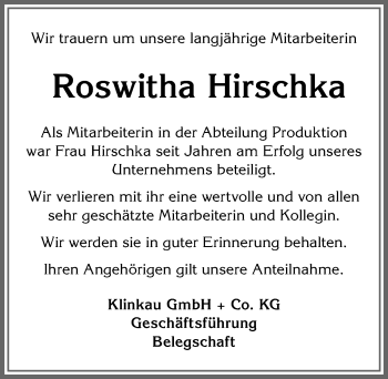 Traueranzeige von Roswitha Hirschka von Allgäuer Zeitung, Marktoberdorf