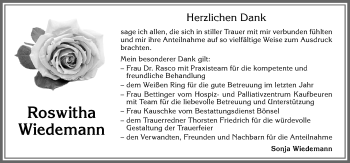 Traueranzeige von Roswitha Wiedemann von Allgäuer Zeitung, Kaufbeuren/Buchloe