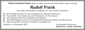 Traueranzeige von Rudolf Frank von Memminger Zeitung