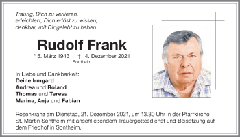 Traueranzeige von Rudolf Frank von Memminger Zeitung